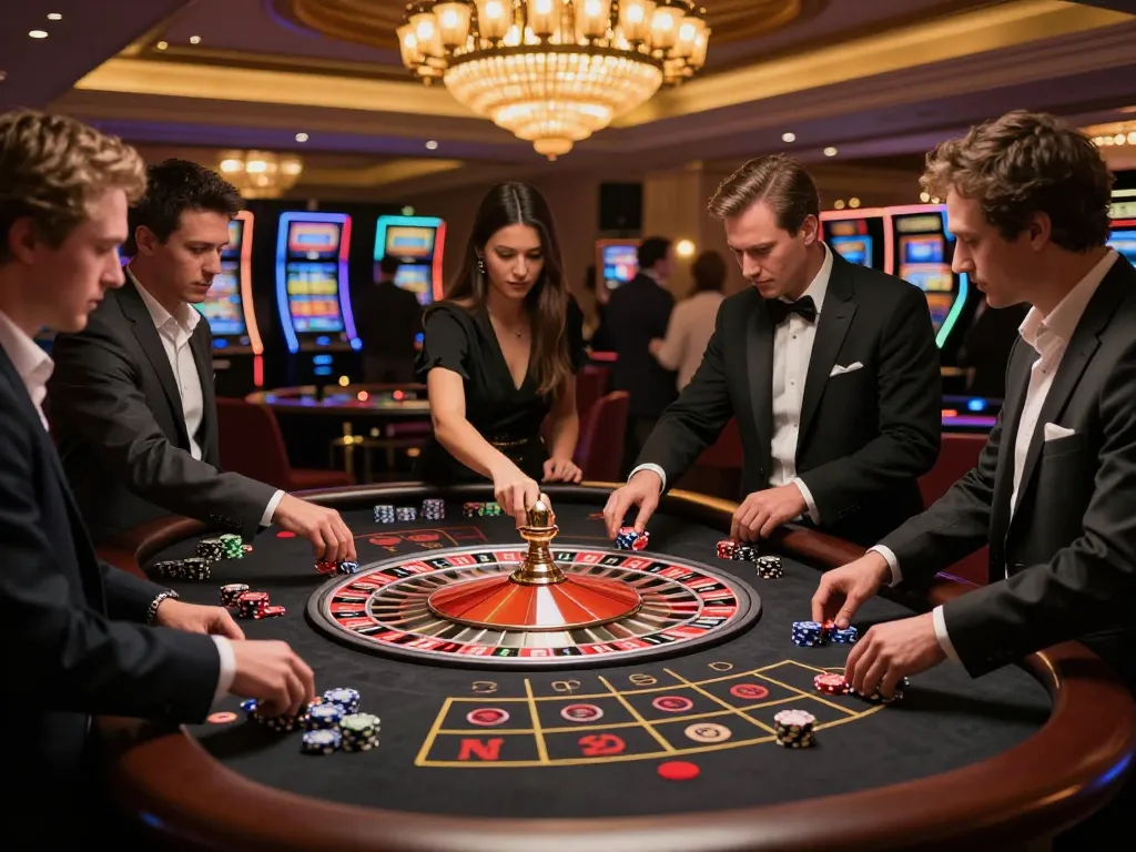 Players engage in thrilling roulette gameplay at elegant casino table featuring du88 wheel.