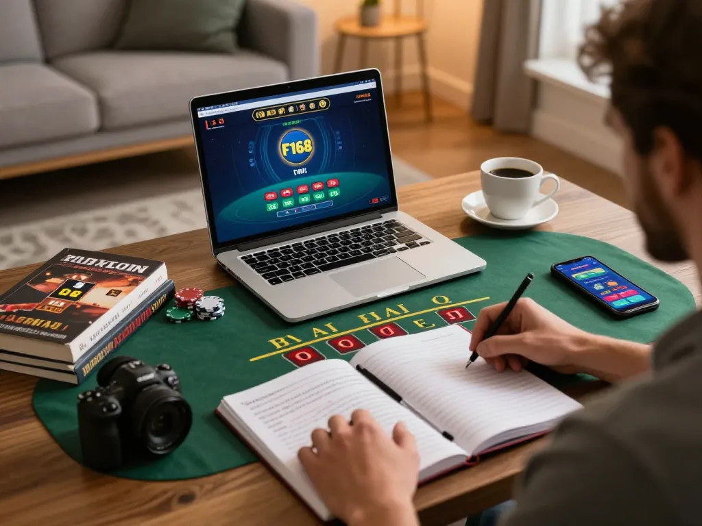 Player strategizing on blackjack online at F168 with notes and a cozy atmosphere
