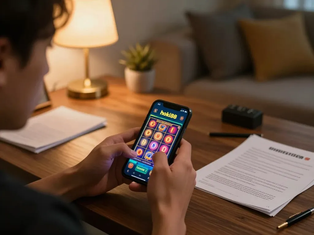 Bergabung dalam permainan online dengan hoki88 di smartphone, menampilkan grafis slot yang menarik.