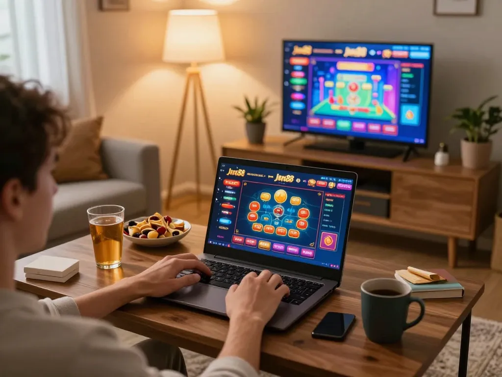 Player enjoying an online gaming session with Jun88's casino platform on a laptop in a cozy home setting.