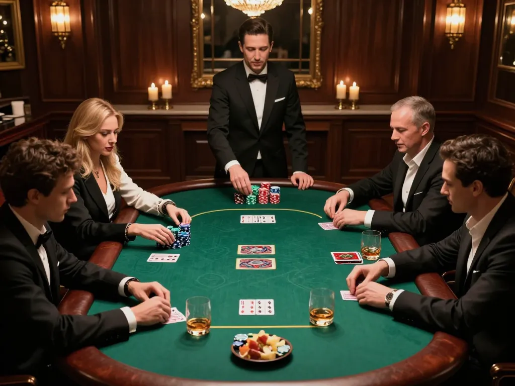 Sunwin players engaged in an intense poker game in a luxurious setting, showcasing strategy and high stakes.