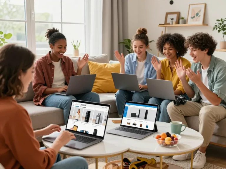 Freunde diskutieren ihre sofort lieferbar Online-Shopping-Funde in einem hellen Wohnzimmer.