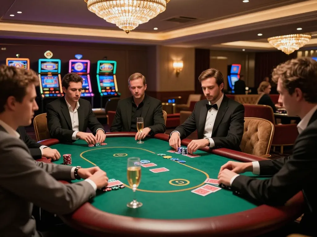 NAGA2000 players engaged in an upscale poker game, showcasing high-stakes excitement and luxury.