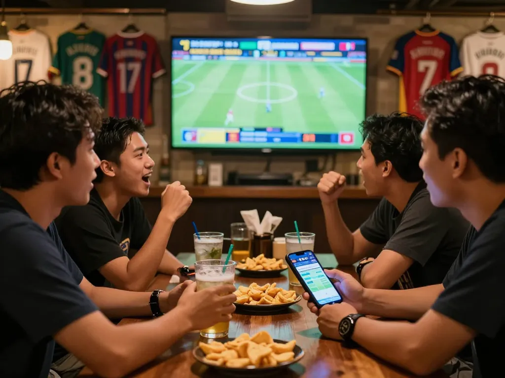 A lively scene of friends engaging in sports betting on Pasaran bola Golbos, with a smartphone app and a live match on screen.