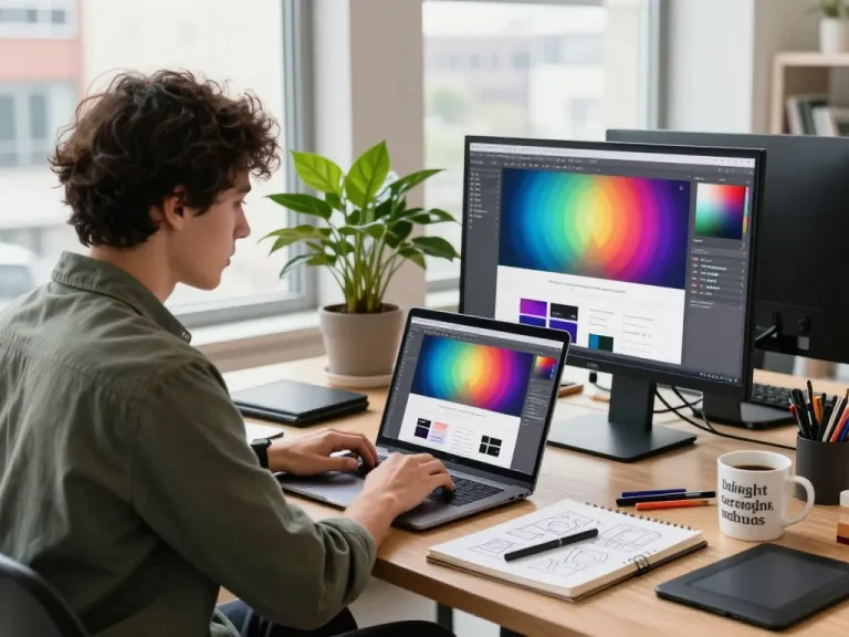 Freelance web designer focused on colorful website mockups in a vibrant workspace.