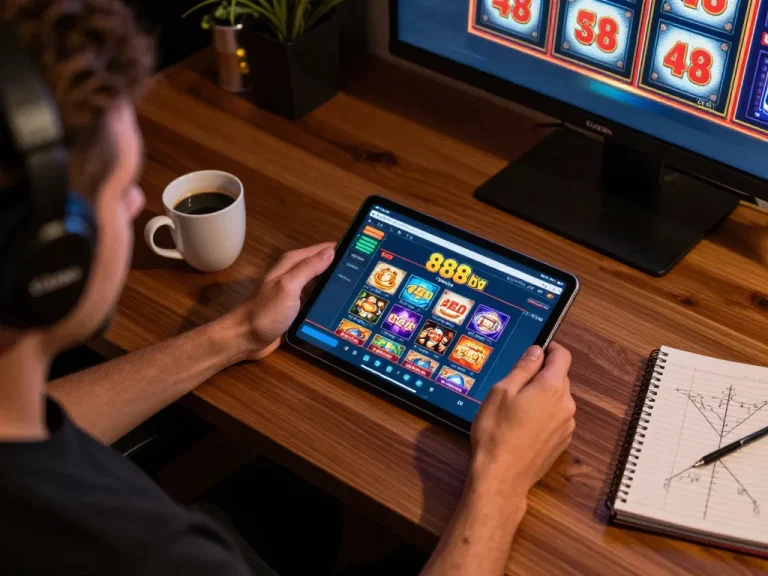 Engaging in online casino gaming with 888b tablet interface, cozy atmosphere and strategic setup