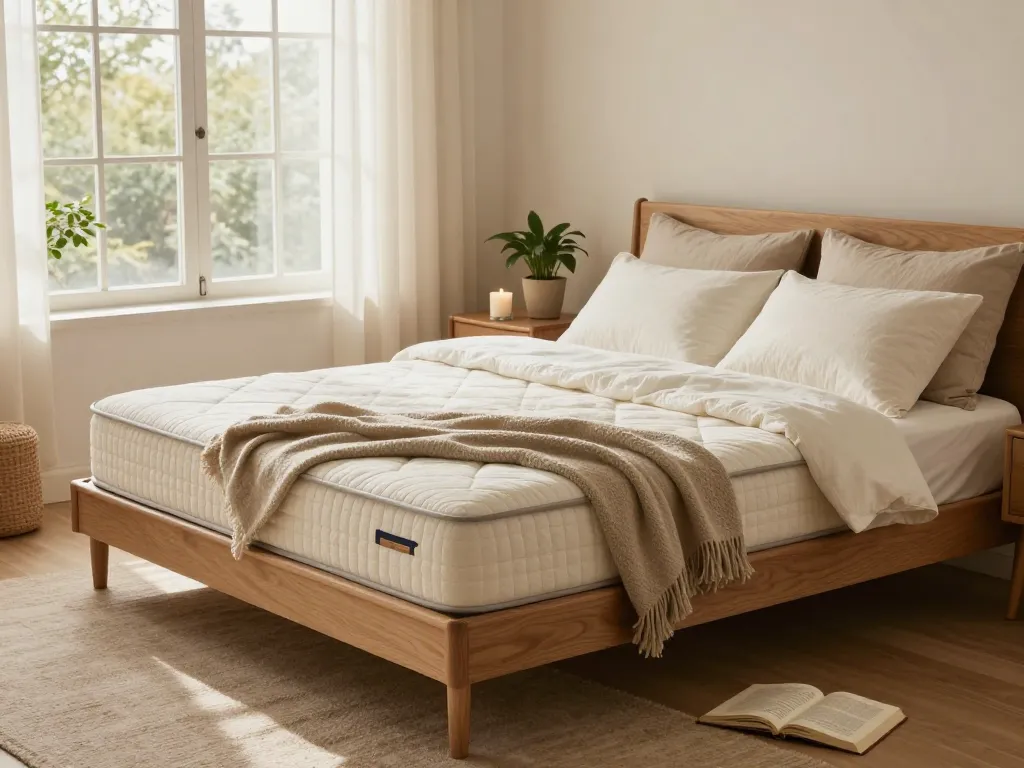 Luxurious natural mattress on a beautifully styled bed highlighting eco-friendly comfort and organic bedding.