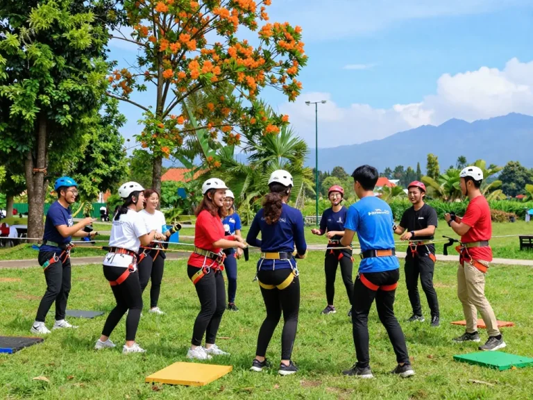 Engaged group participating in outbound jogja team-building activities in a scenic outdoor park.
