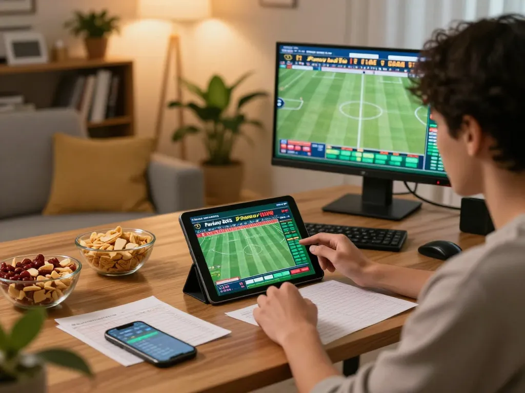 Engaging in parlay bola betting on a tablet in a cozy sports-themed setup.