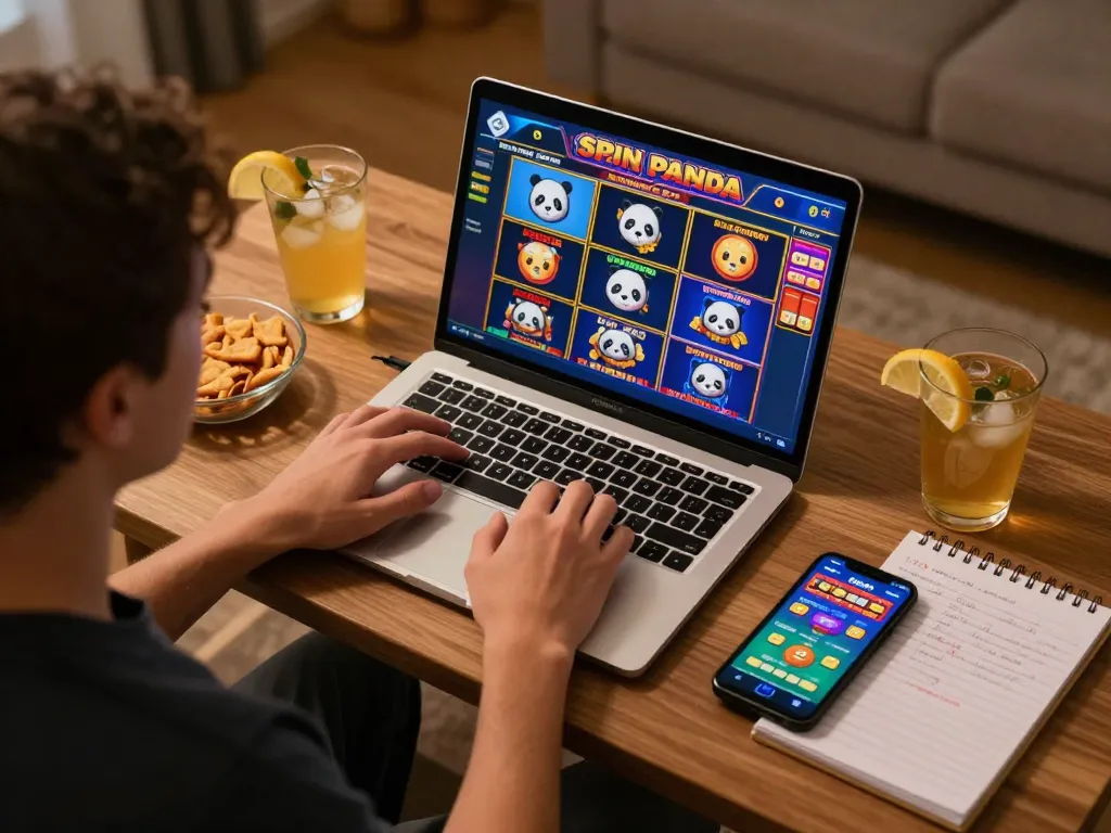 Playing spin panda casino slots on a laptop at home, showcasing colorful game graphics and cozy atmosphere.