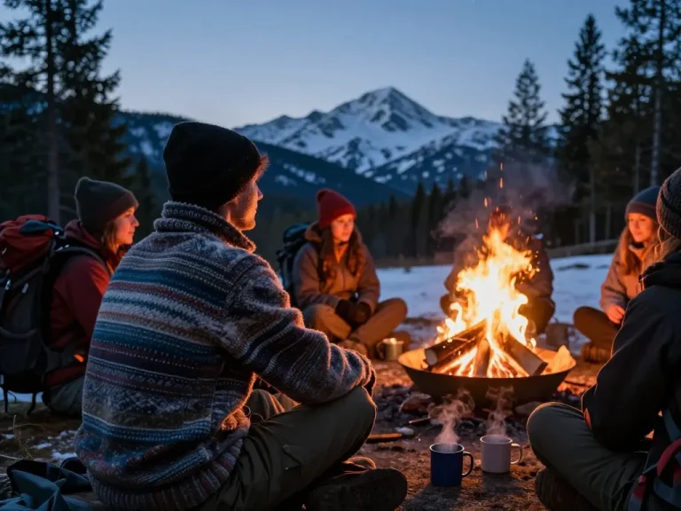 Person in premium heavyweight pullover fleece enjoying warmth around a campfire in winter mountains