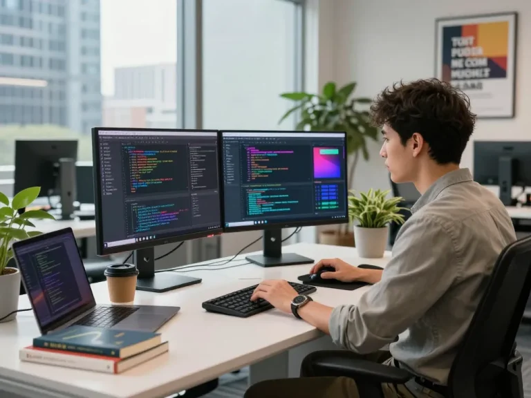 Developer coding on dual monitors in a vibrant tech workspace, showcasing the Whynotvibe approach to innovation.