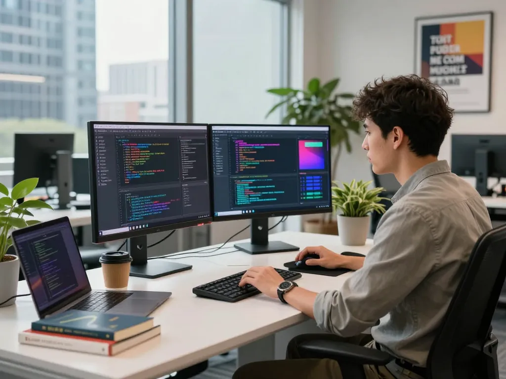 Developer coding on dual monitors in a vibrant tech workspace, showcasing the Whynotvibe approach to innovation.