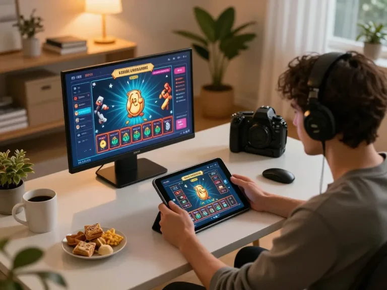 Player engaging with F168's online casino interface on a tablet in a cozy home setup