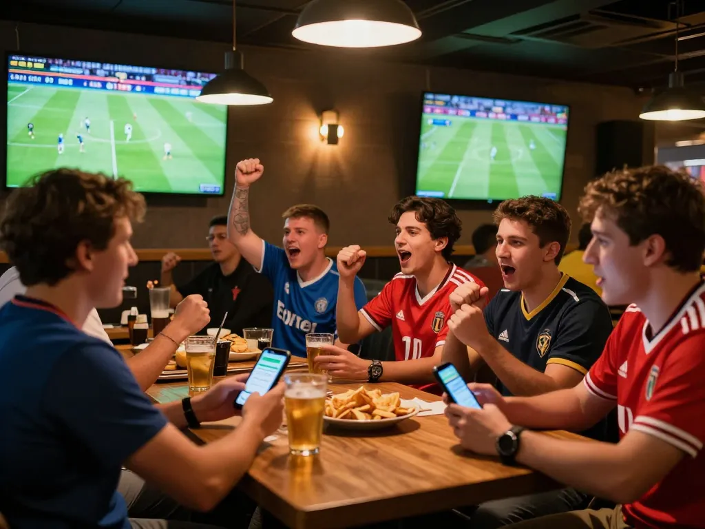 Fans cheering for Okwintv during a live football match at a sports bar, showcasing the excitement of sports betting.