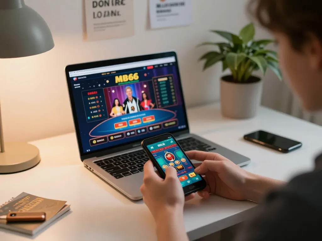 Engaging in mobile gaming on the MB66-t app, showcasing an immersive online betting experience at home