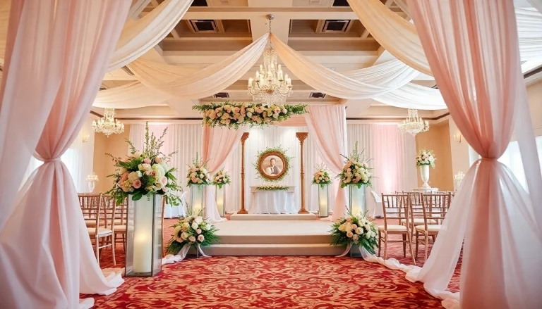 Wedding Event Space Jacksonville beautifully decorated for a romantic ceremony with floral arrangements.