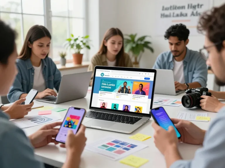 Hela Lanka Ads platform showcased on a laptop with lively users engaging in digital advertising.