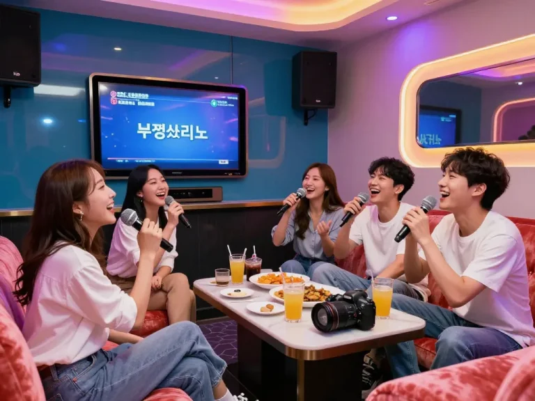 친구들이 현대적인 장식과 생동감 넘치는 분위기의 부평쓰리노 노래방에서 노래를 즐기고 있습니다.