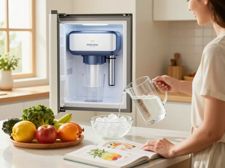 Woman measuring water from the Waterdrop Plus DA97-17376B Water Filter in a bright kitchen, promoting healthy living.