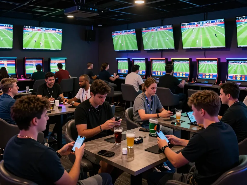 Engaging sports fans placing bets on kèo nhà cái in a lively betting lounge