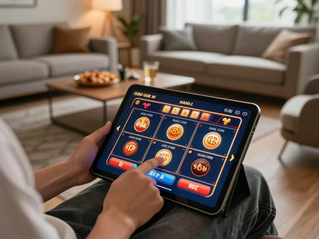Player enjoying gaming on GG88 app, focused on tablet screen in cozy living room setting