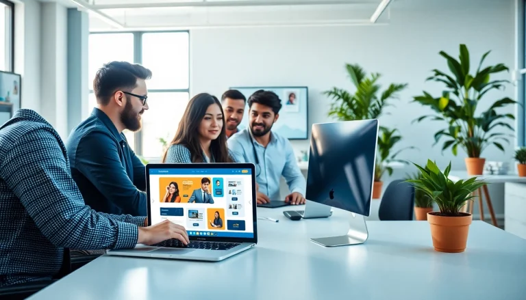 Die Werbeagentur erstellt ansprechende Webdesigns in einem modernen Bürosetting.