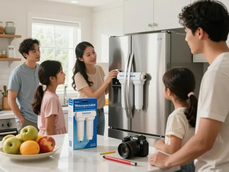 Family replacing Waterspecialist DA29-00003G Refrigerator Water Filter in a bright kitchen.
