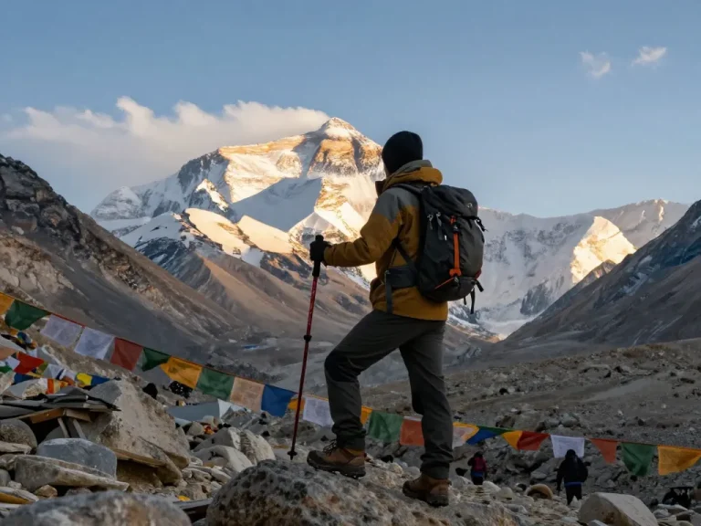 Everest Base Camp Trek with traveler enjoying golden hour lighting against majestic mountains and prayer flags.