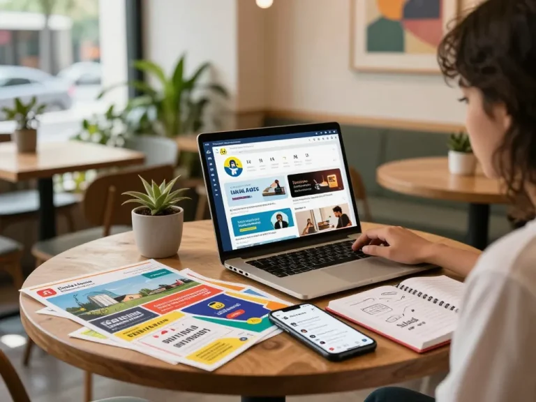 Lanka Ads displayed on a laptop in a cozy café, highlighting diverse classified categories.