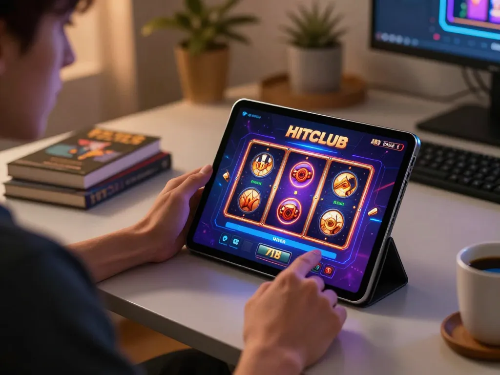 Play slot games on Hitclub app in a cozy home setup during evening.