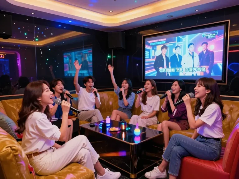 화려한 조명과 스타일리시한 친구들이 노래를 부르는 고급스러운 방 분위기 속에서 https://www.gangnamtune.com/perfect의 노래방 축하 행사.
