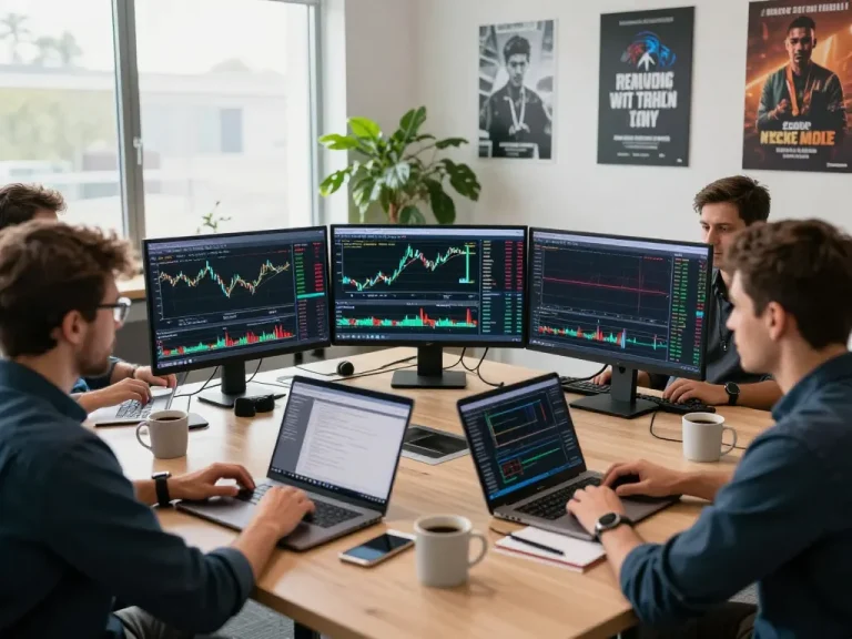 CFD trading platform in India: Diverse traders analyzing market data in a bright office.