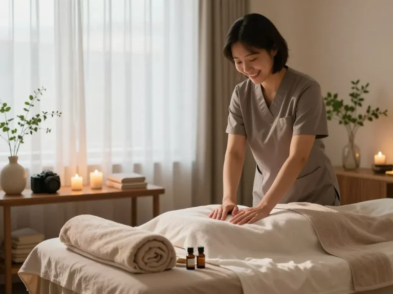 Relaxing 부전동마사지 environment with soothing lighting and essential oils.