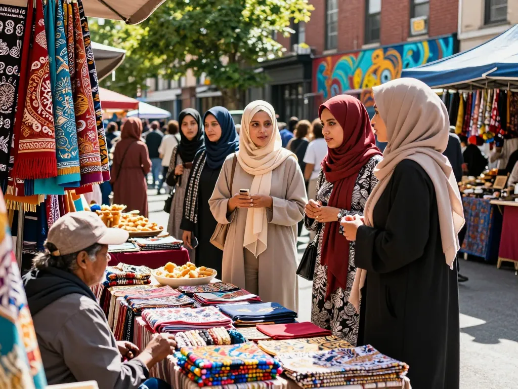 Women wearing colorful hijabs while shopping in a vibrant urban market.