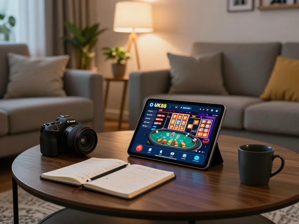 Engaging with the UK88 casino app on a tablet in a cozy home setting, discussing strategy