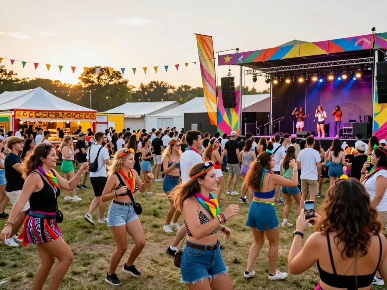 Festival-goers wearing colorful einlassbändchen enjoying live music in a vibrant outdoor setting with food stalls and festive decorations.