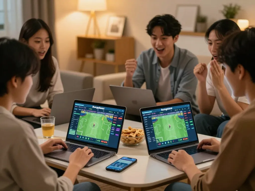 Engaging friends using Bongdalu to xem tỷ số bongdalu while placing bets, showcasing a lively home atmosphere.