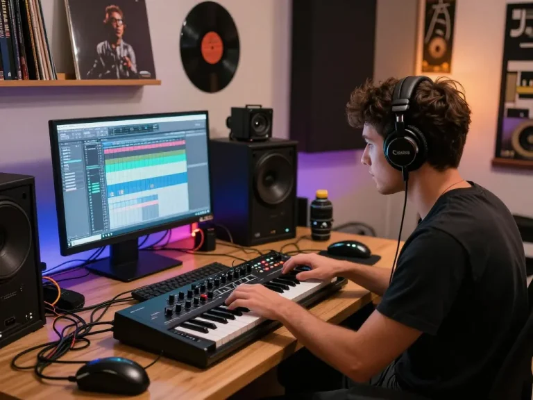 Producer using SC 88 sound module in modern music studio with vibrant lighting.
