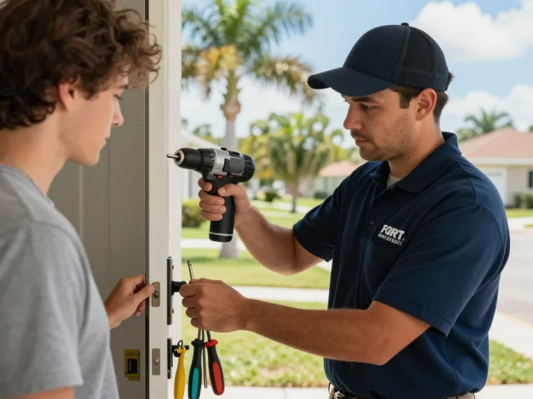 Expert locksmith fort pierce fl helping a customer with lock rekeying in sunny community