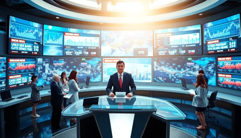 Breaking news coverage at a lively news room featuring journalists and digital screens.
