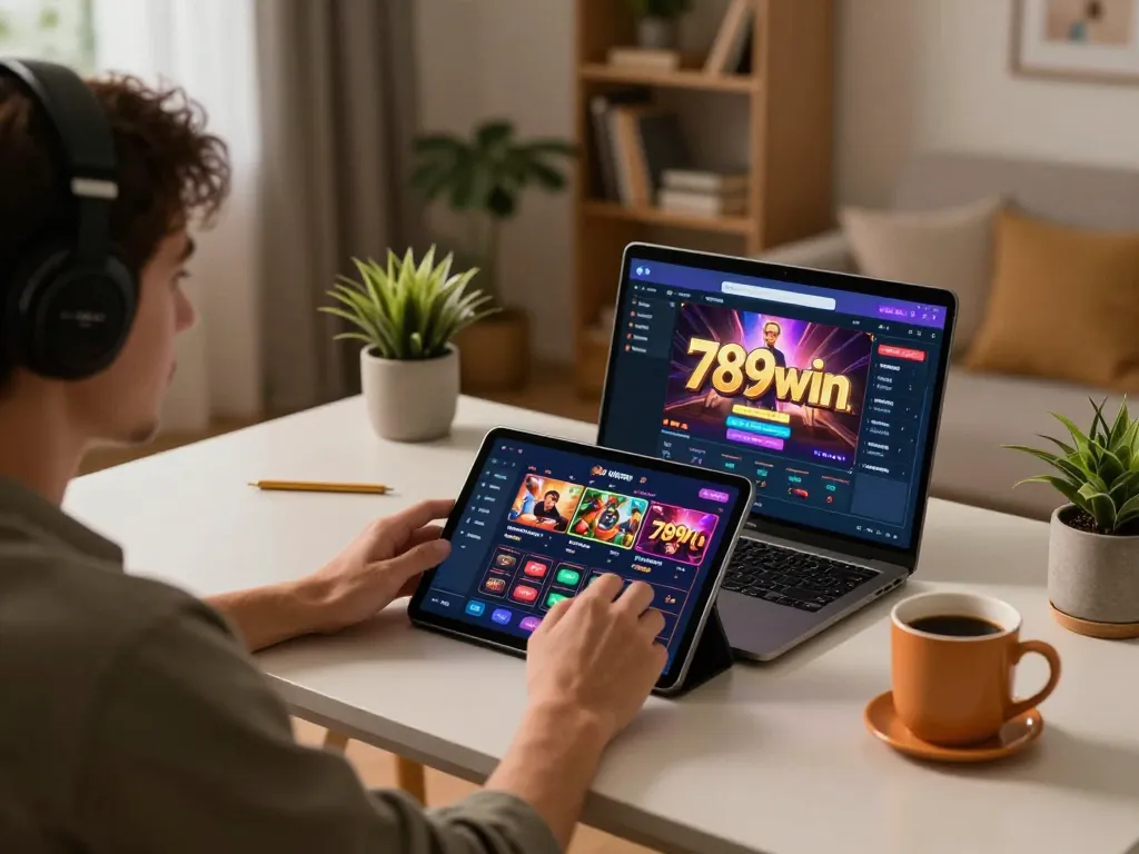 Player enjoying online gaming experience at 789win with tablet interface surrounded by cozy decor