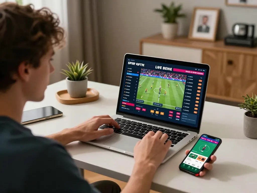 Engaged user placing bets on ormastoto betting app while watching live sports