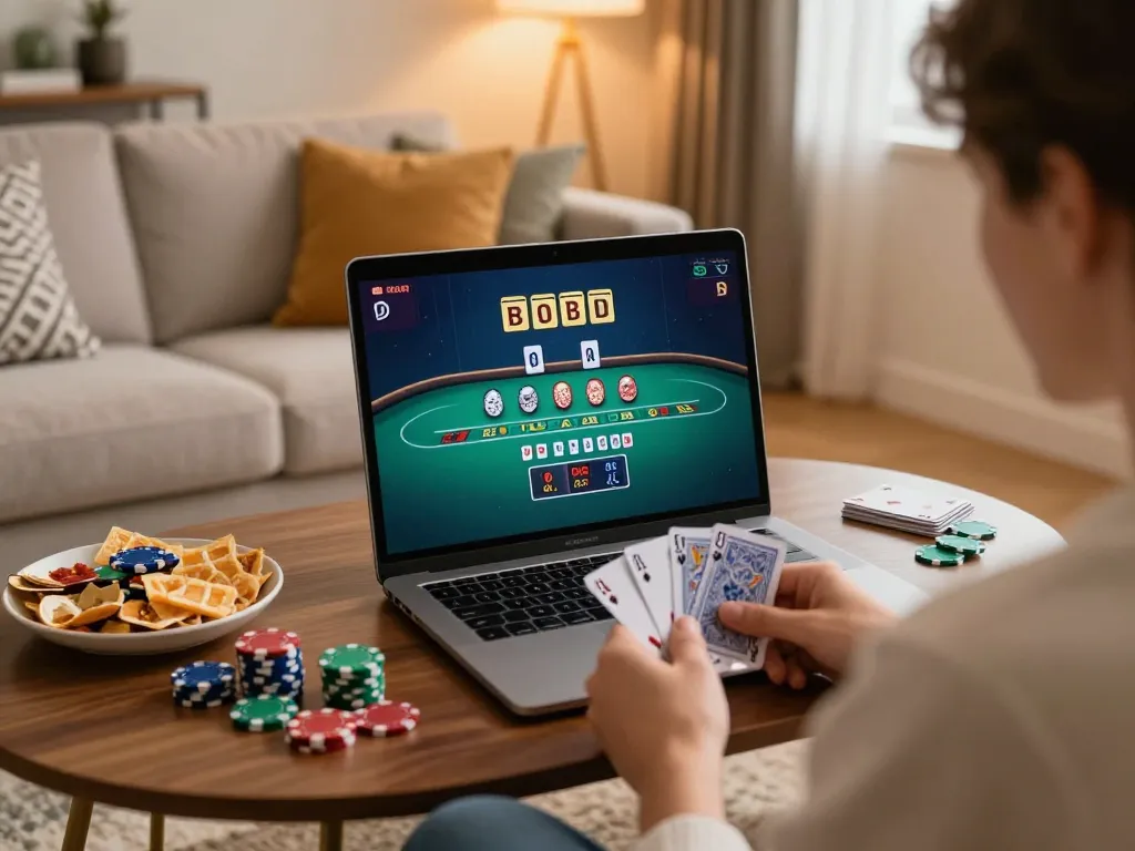 Player enjoying an online blackjack game with F8BET on a laptop in a cozy living room.