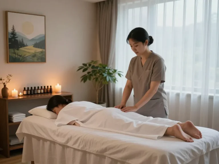 포항스웨디시를 특징으로 하는 마사지 치료 세션 설정, 부드러운 조명과 차분한 장식으로 아늑한 분위기.