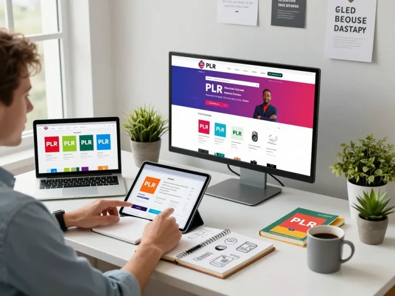 Buy PLR Products Online while exploring an organized e-commerce workspace filled with vibrant digital products and analytics.