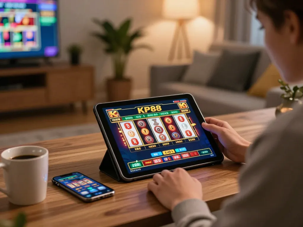 Engaging in exciting KP88 online casino gaming on a tablet with vibrant slot reels displayed.