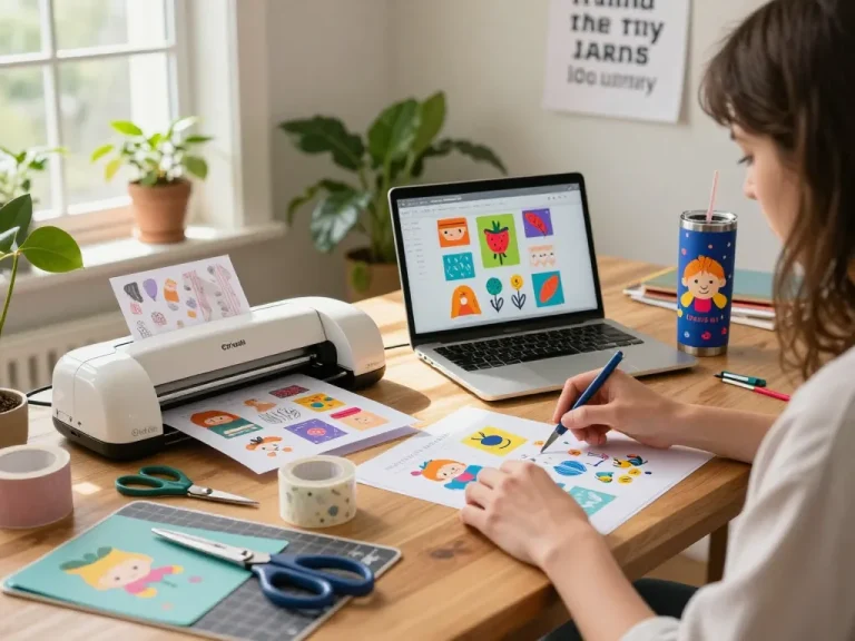 Home workspace with person creating innovative SVG files for tumblers, surrounded by vibrant crafting tools.