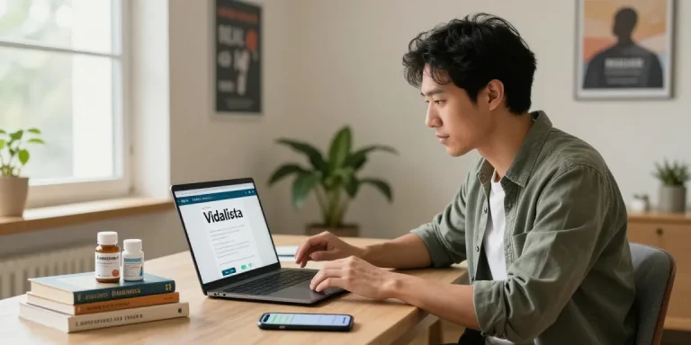 Man browsing Vidalista online for erectile dysfunction treatment in a warm home office.