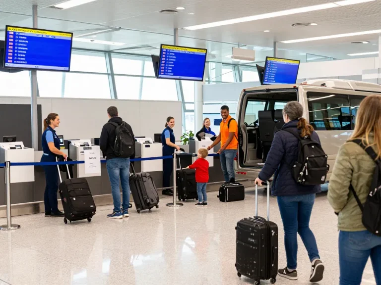 Leeds Bradford Airport from Halifax with travelers arriving and luggage unloading, showcasing vibrant airport atmosphere.